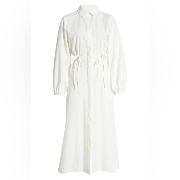 Topshop Ruched Cutout Long Sleeve Cotton Poplin Midi Shirtdress In White - Picture 5 of 10